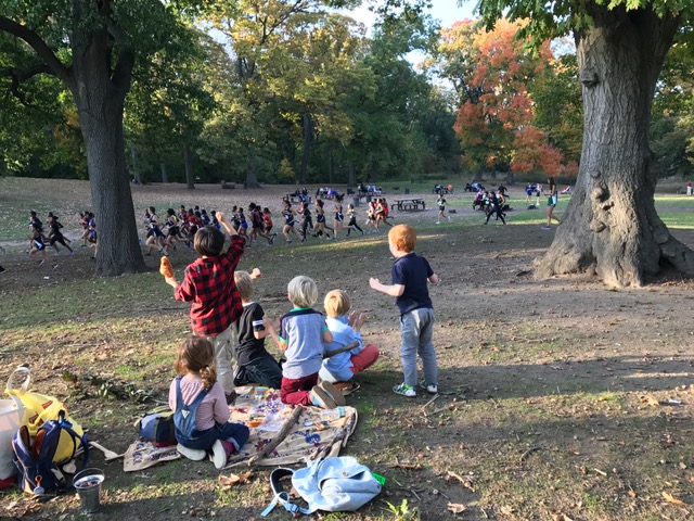 Atop the hill by the Long Meadow, we could observe all of the afternoon activity, including a high school varsity running race. The group cheered on all the runners as we ate snack. 