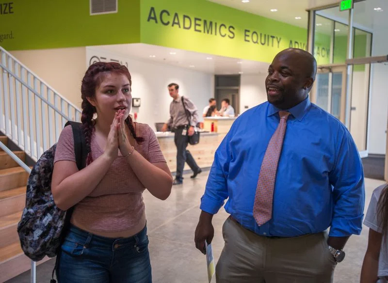OUTLOOK PHOTO: JOSH KULLA - Principal Matt Ross explains how the new Open School East building reinforces the school's mission of preparing students to succeed in college. 