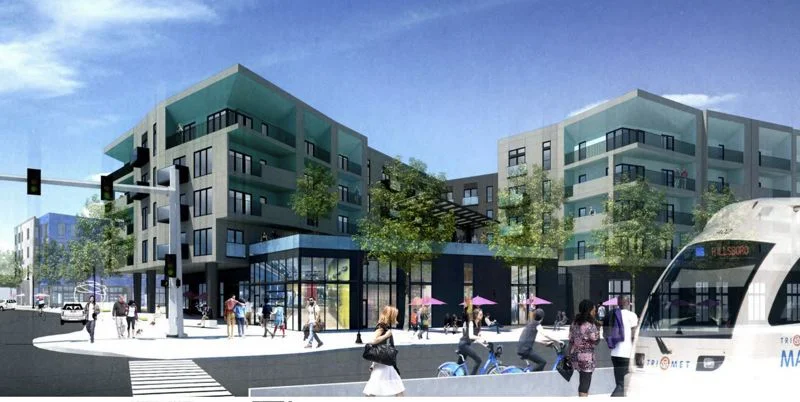COURTESY RENDERING - Building B, a five-story, mixed-use apartment building with ground-floor retail, is shown here from a vantage point at the 'Mohawk' MAX light-rail stop on Burnside Street.