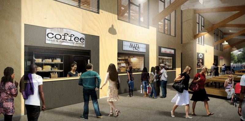 COURTESY RENDERING - Patrons inside the proposed open-air marketplace stop for a quick sip of java.