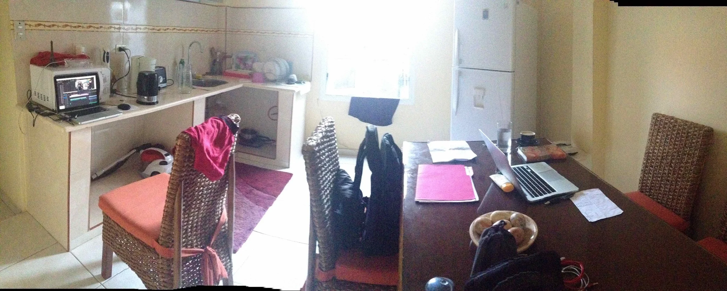 Our Casa office. Coffee. Computers. Fan. But no internet. 