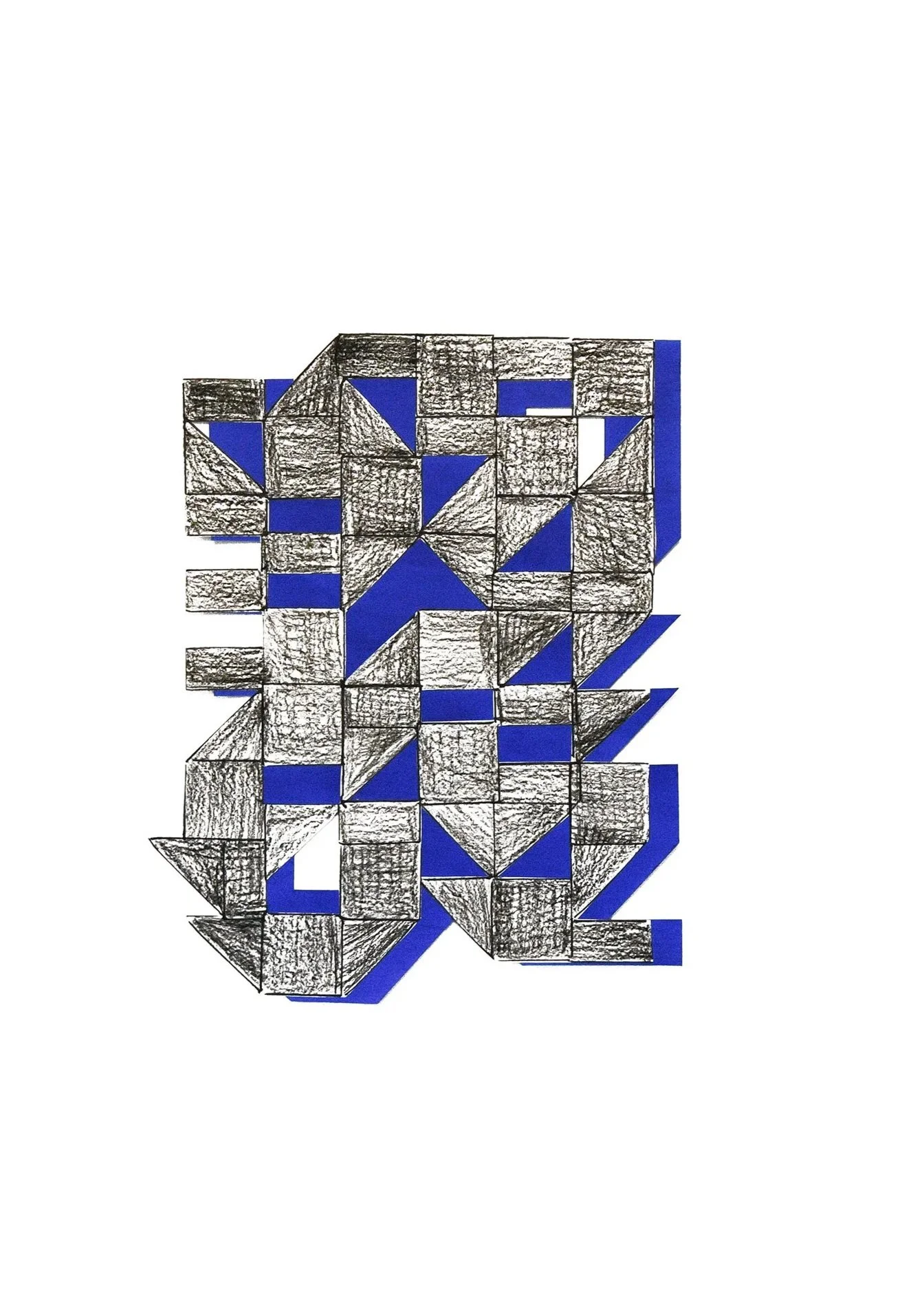 Triangle, Square, and Rectangle Collaged on Blue Ground
Permanent marker and grease marker on cut DuPont Tyvek ®, adhesive, acrylic on cut paper
18 × 24 in.
2024