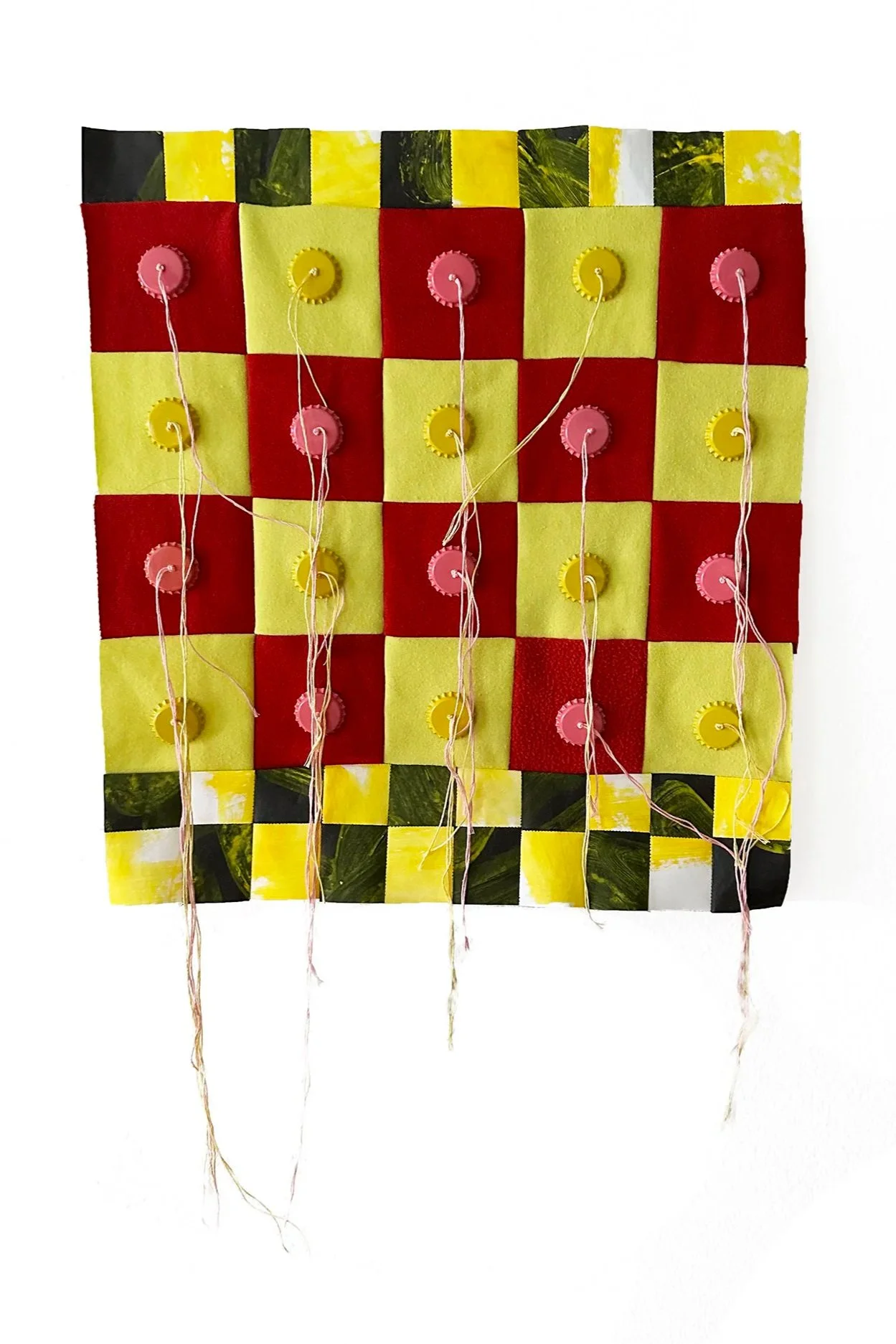 Machine sewn fabric, printed Dupont Tyvek™, bottle caps, embroidery thread
18 x 19 in.
2023