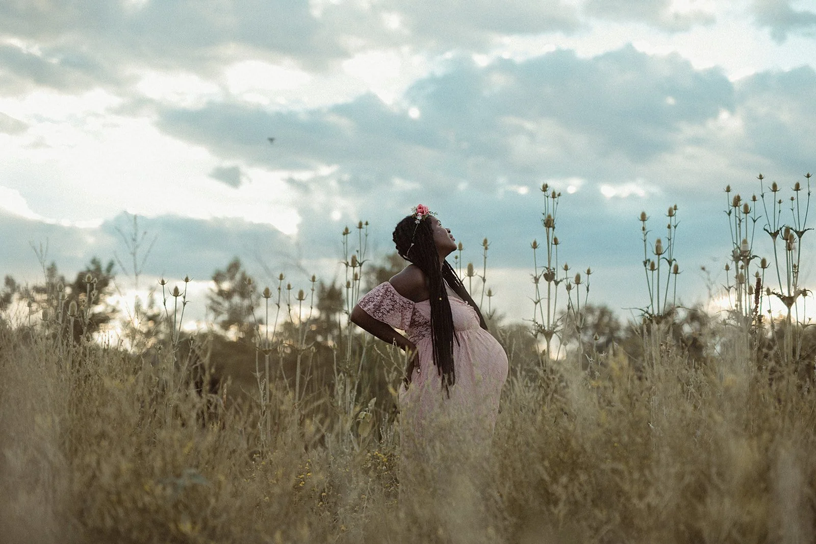 Pregnant woman in a field wearing a pink dress, looking up at the sky, surrounded by tall grass and cloudy sky background.