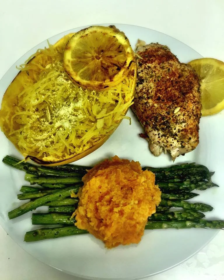 Roasted Chicken Breast With Lemon Spaghetti Squash Roasted Asparagus And Mashed Sweet Potatoes Burke S Bites