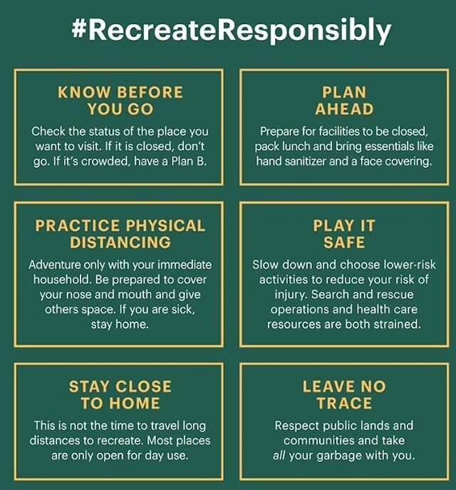 We&rsquo;re all eager to get back outdoors&ndash;and we want to do it right. Check out the new #RecreateResponsibly guidelines for getting outside responsibly!
👉[Link in bio]