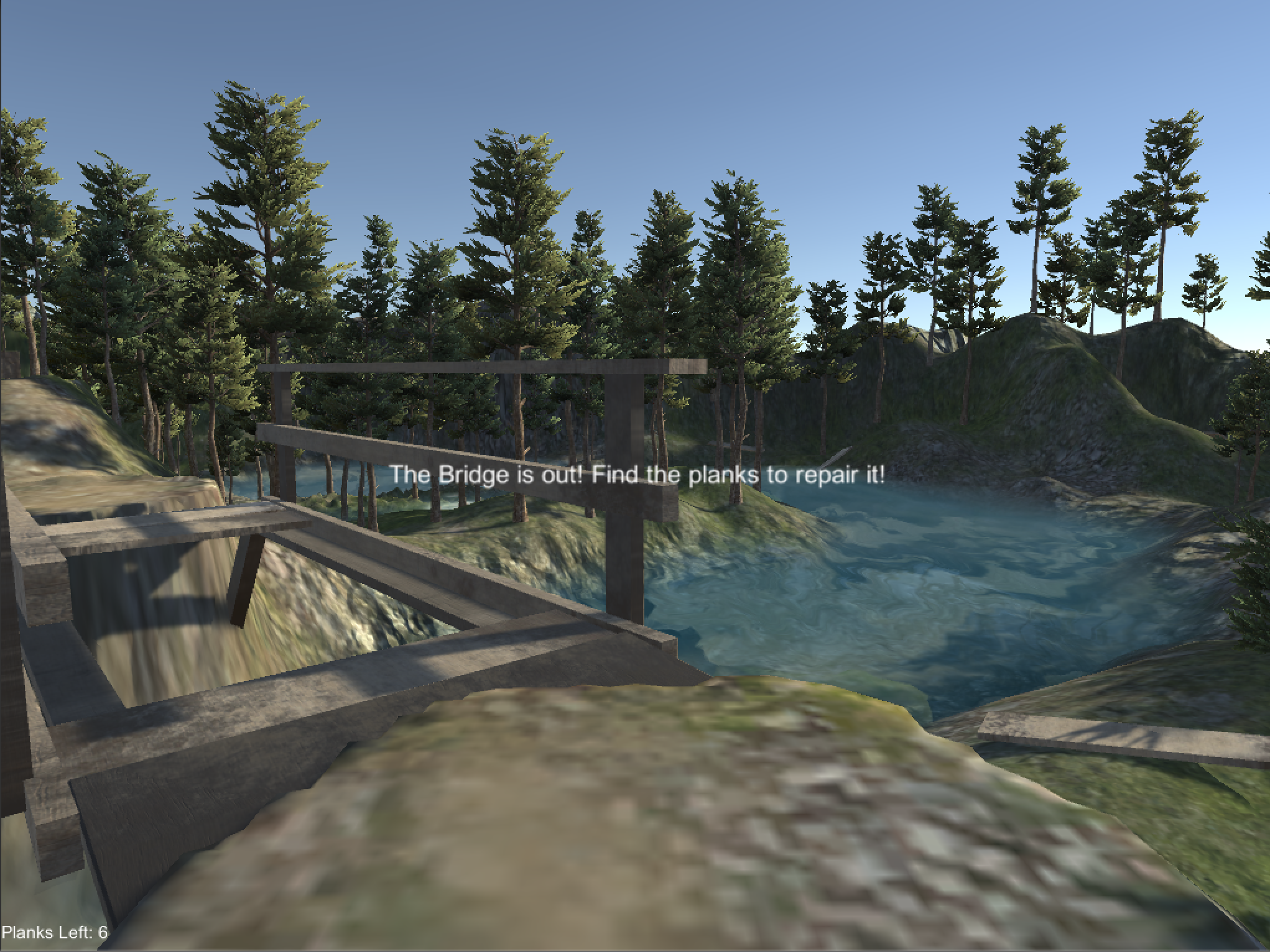  Beginning of the level, when the player approaches the washed out bridge.&nbsp;   In-game screenshot  