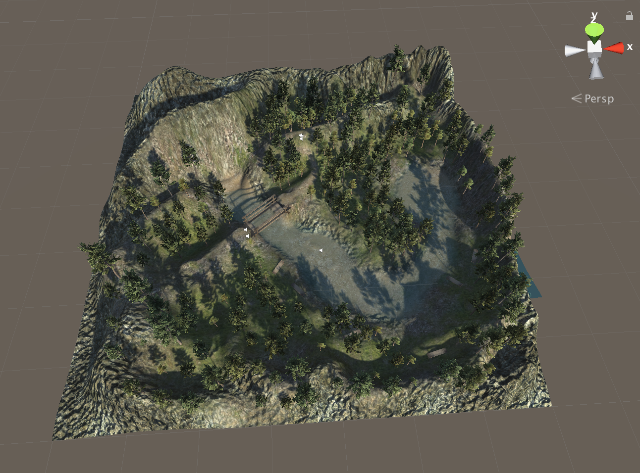  Overview of the whole level and terrain. Screenshot taken from the Unity Editor viewport.&nbsp; 