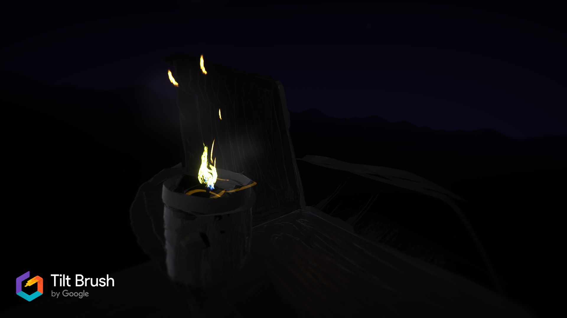 Painting in Tilt Brush of a candle sitting on the arm of a chair.