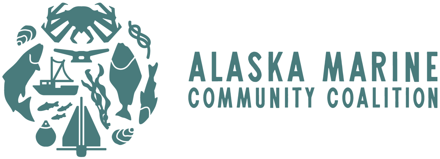 Logo of the Alaska Marine Community Coalition featuring a circle of maritime and marine life icons including a whale, fish, boat, lighthouse, and oil rig, with the organization's name to the right.