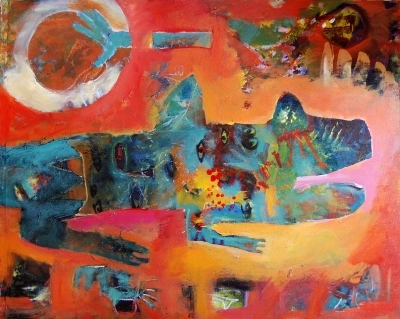 "Crocodile King" 31x26; acrylic & mixed media