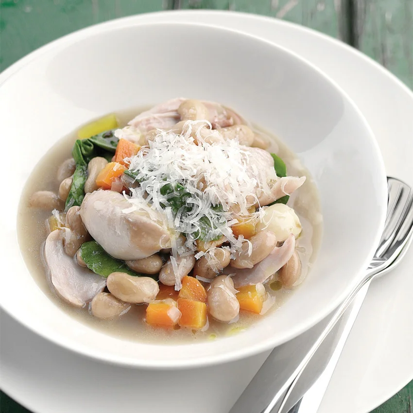Braised Organic Chicken with Borlotti Beans & Parmesan