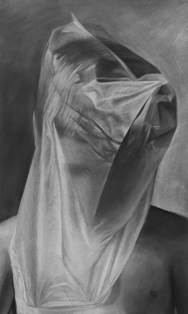   Deafening Silence,  2017 charcoal on paper, framed 100 x 60cm 