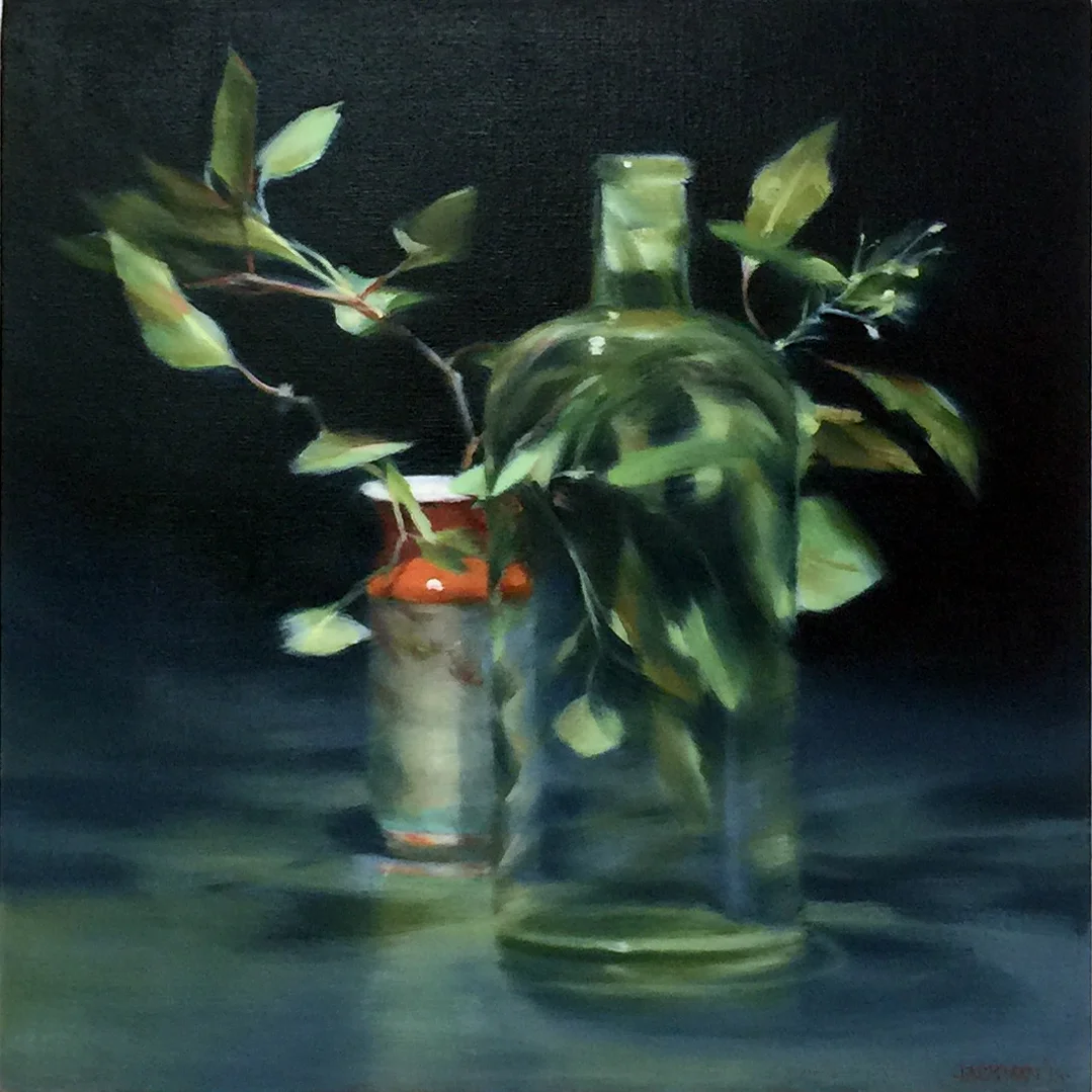 HILARY JACKMAN Leaves with a Chinese Pot , 2019 oil on linen 46 x 46 cm