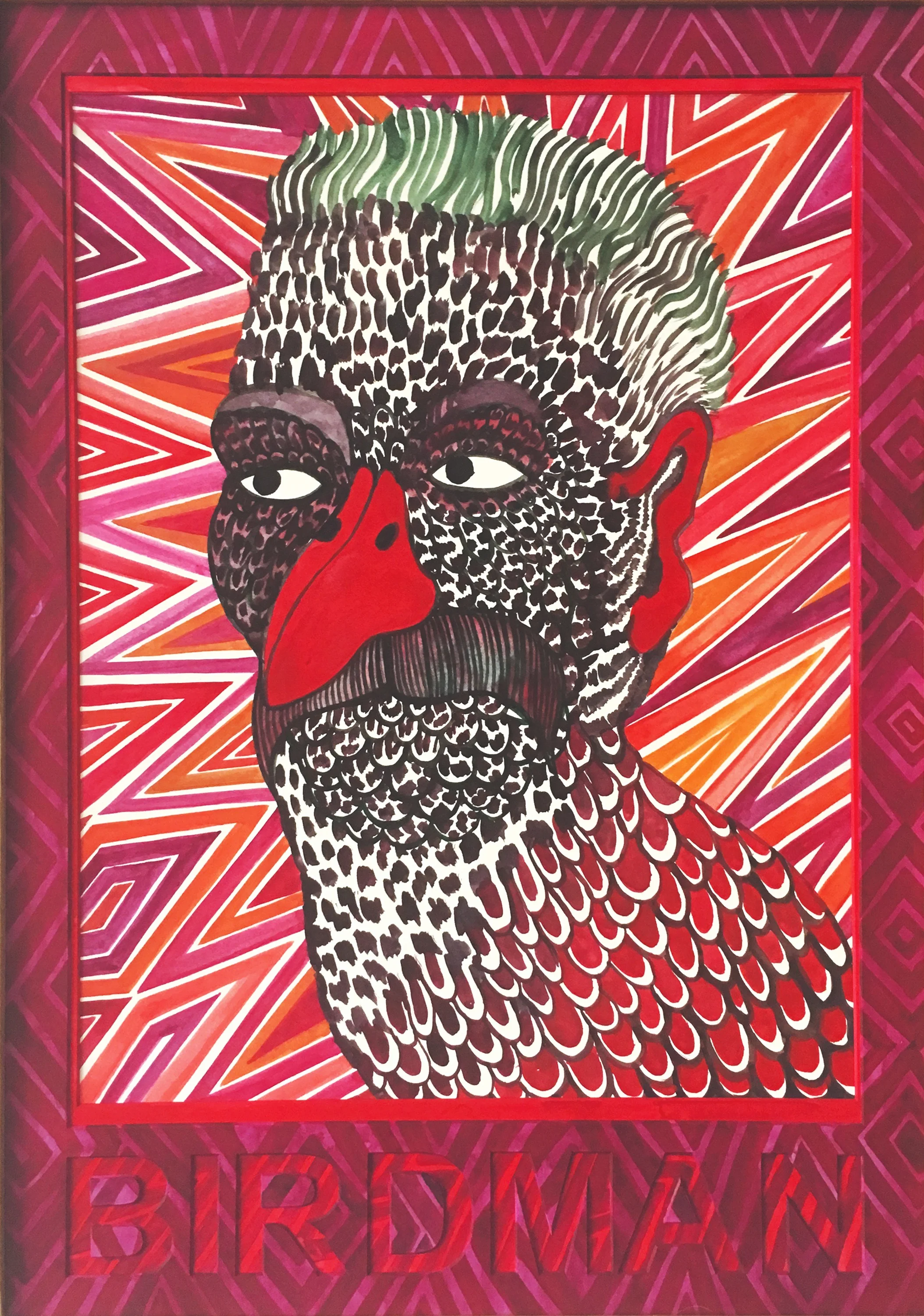 CECILIA FOGELBERG BIRDMAN (magenta/red) , 2019 gouache and watercolour on 100% cotton rag board, framed 61 x 43 cm