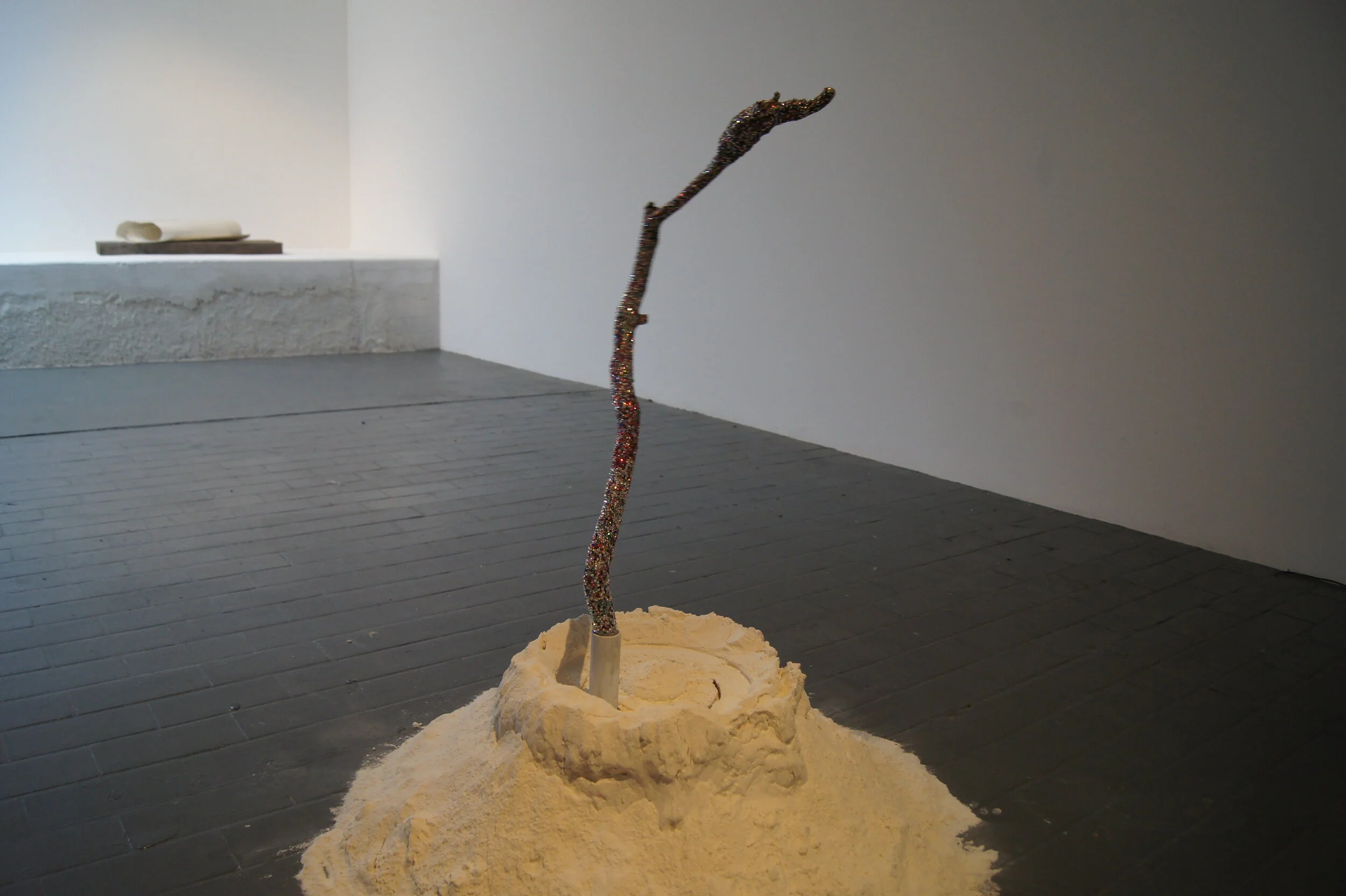   Rumour,   2013  Motorized Unit, clay, flour, eucalyptus branch, Swarovski Crystals  112 x 100 x 110 cm 