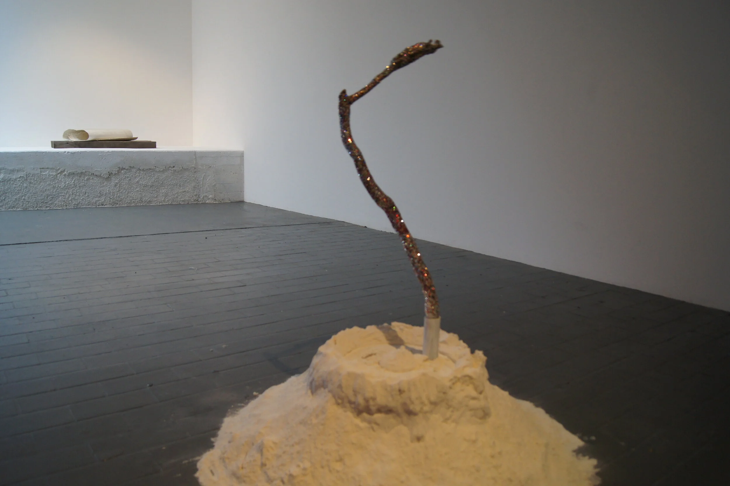   Rumour ,  2013  Motorized Unit, clay, flour, eucalyptus branch, Swarovski Crystals  112 x 100 x 110 cm 