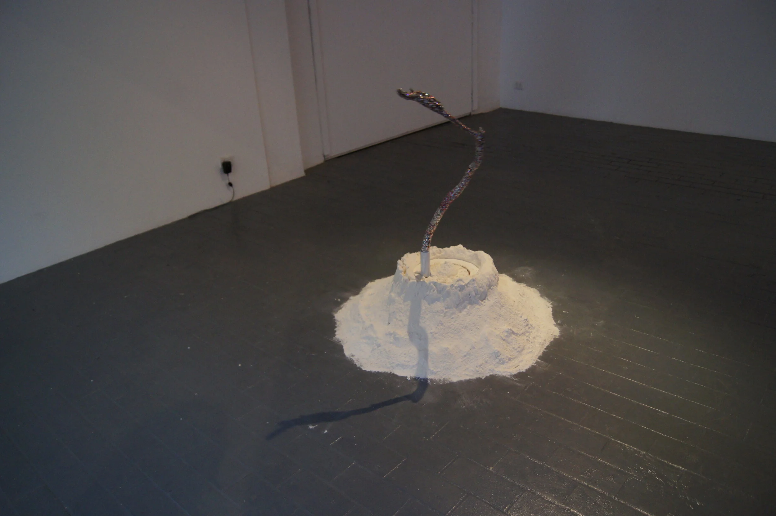   Rumour ,  2013  Motorized Unit, clay, flour, eucalyptus branch, Swarovski Crystals  112 x 100 x 110 cm 
