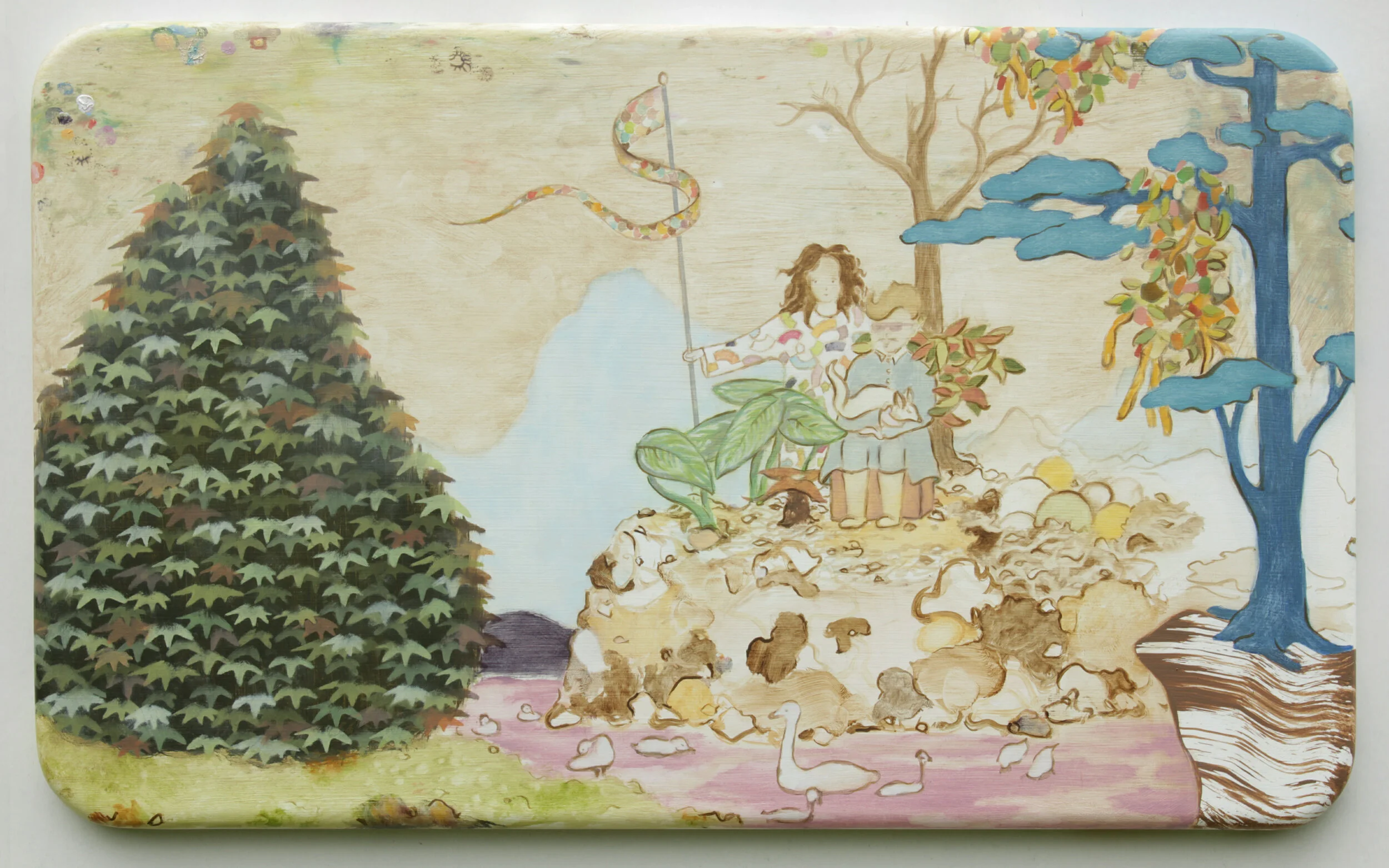  MARK RODDA  Stream &amp; Waterfowl , 2021 oil on rounded wood panel 36 x 61 x 2.5 cm 
