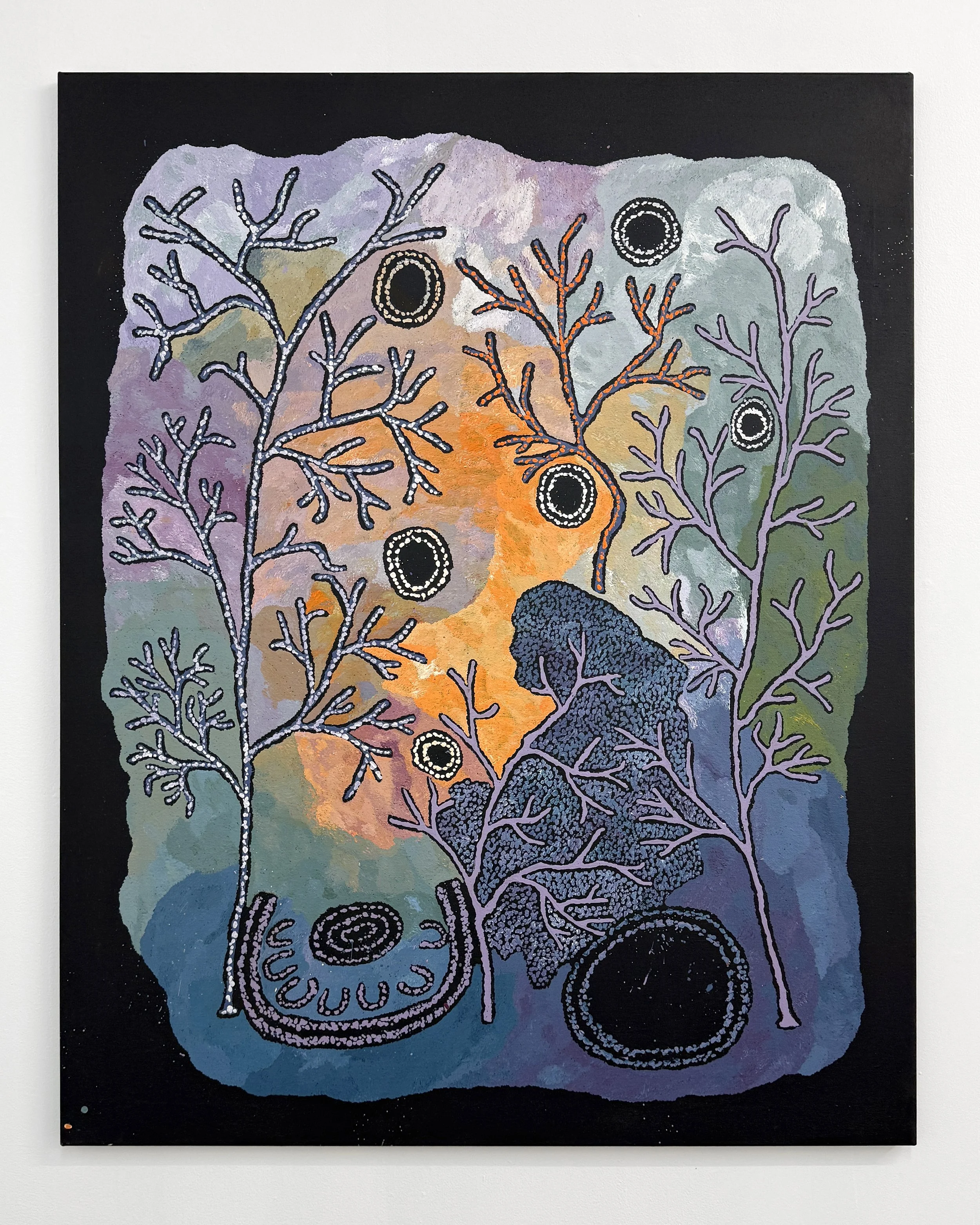  BETTY MULA    Punu tjuta I (many trees) , 2025 synthetic polymer paint on linen 152 x 122 cm 