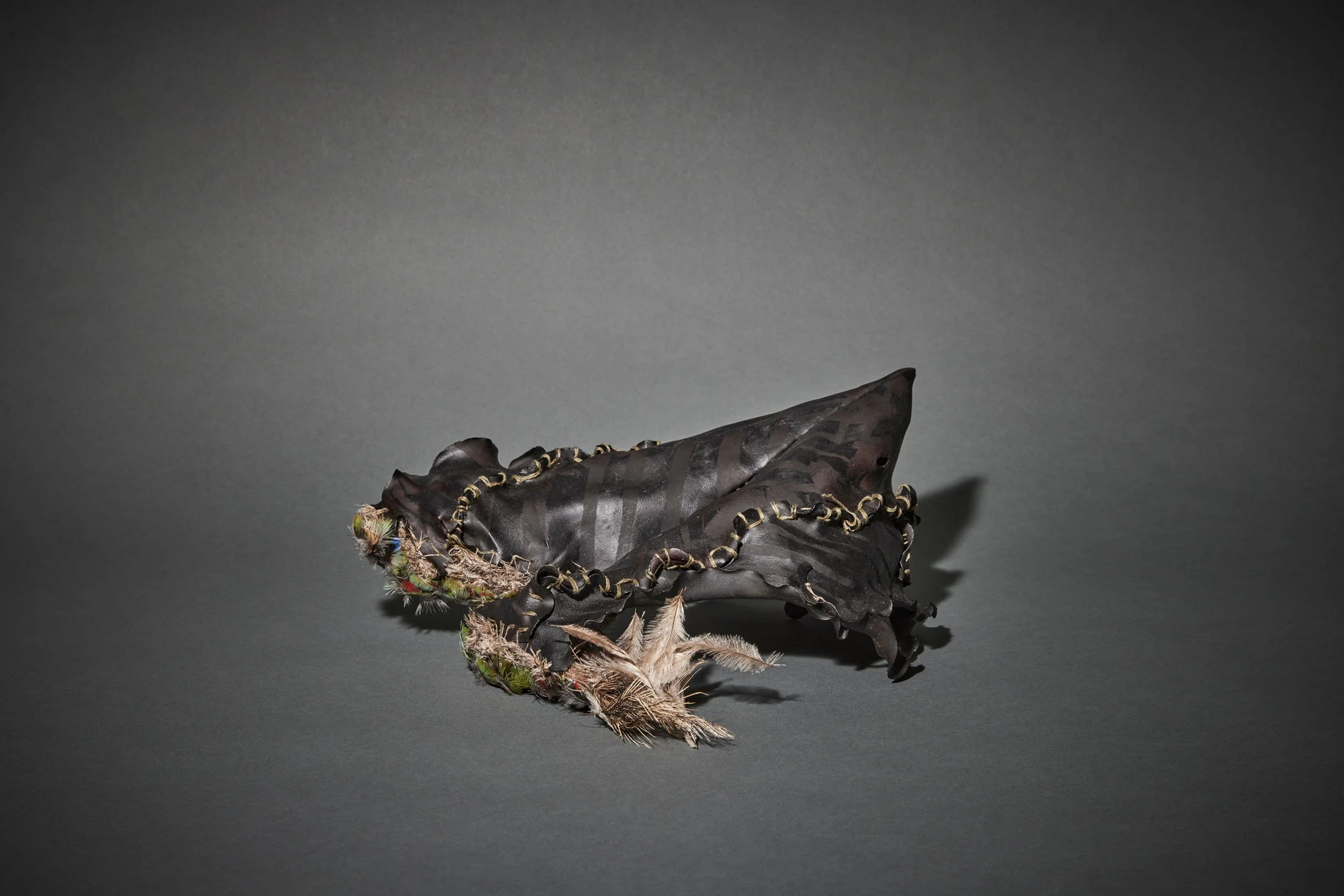  LISA WAUP  Cradled , 2019 screen-printed bull kelp (seaweed), emu feathers, parrot feathers, cotton thread, oil 18 x 30 x 27 cm 