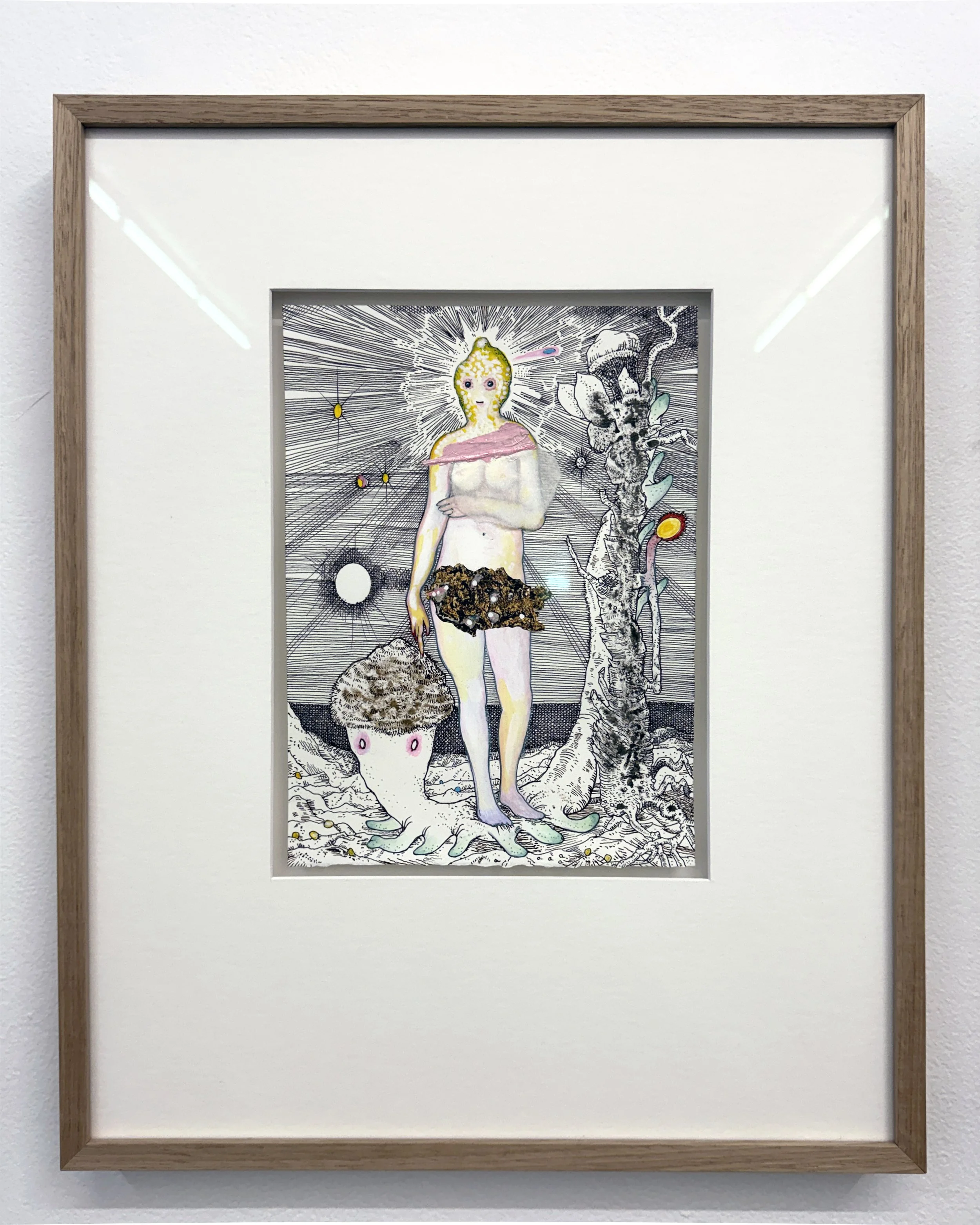  PETER ELLIS  Venusian Tree of Knowledge , 2025 ink, gouache, collage on Arches Aquarelle paper, framed 26.6 x 19.5 cm 