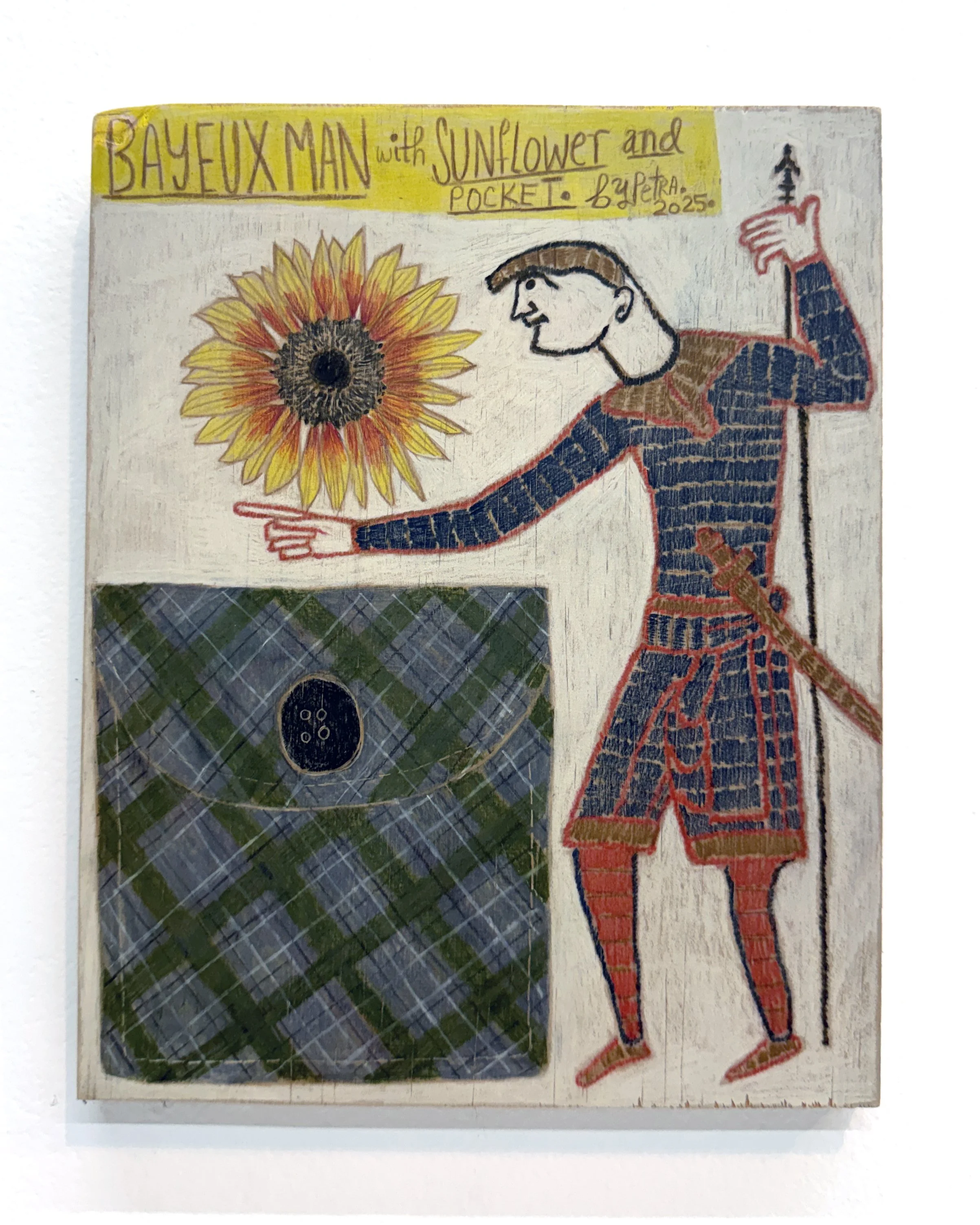  PETRA RODGERS  Bayeux man with sunflower and pocket , 2025 coloured pencil on plywood 25 x 20 x 1.5 cm 