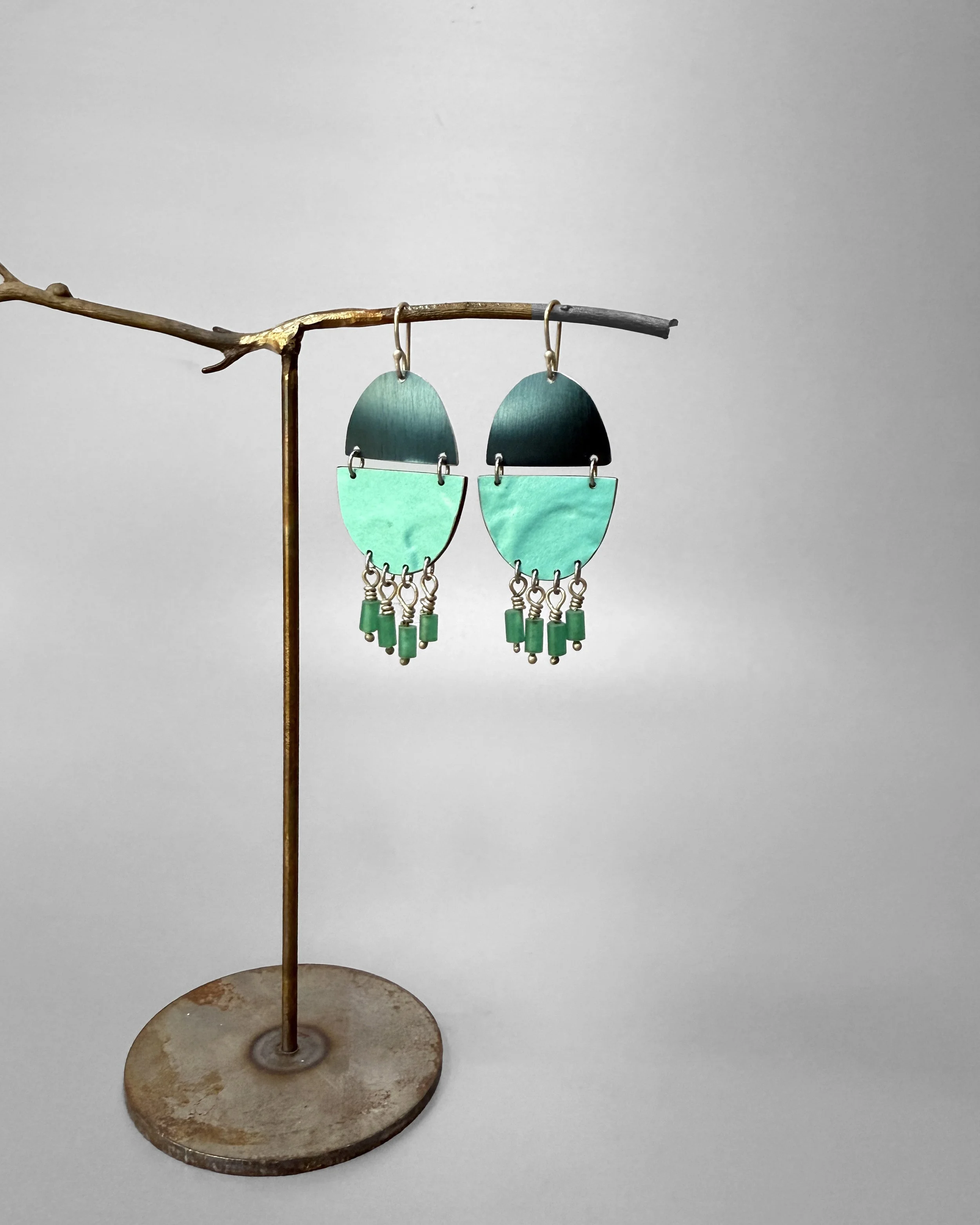 Needle earrings, aqua and green