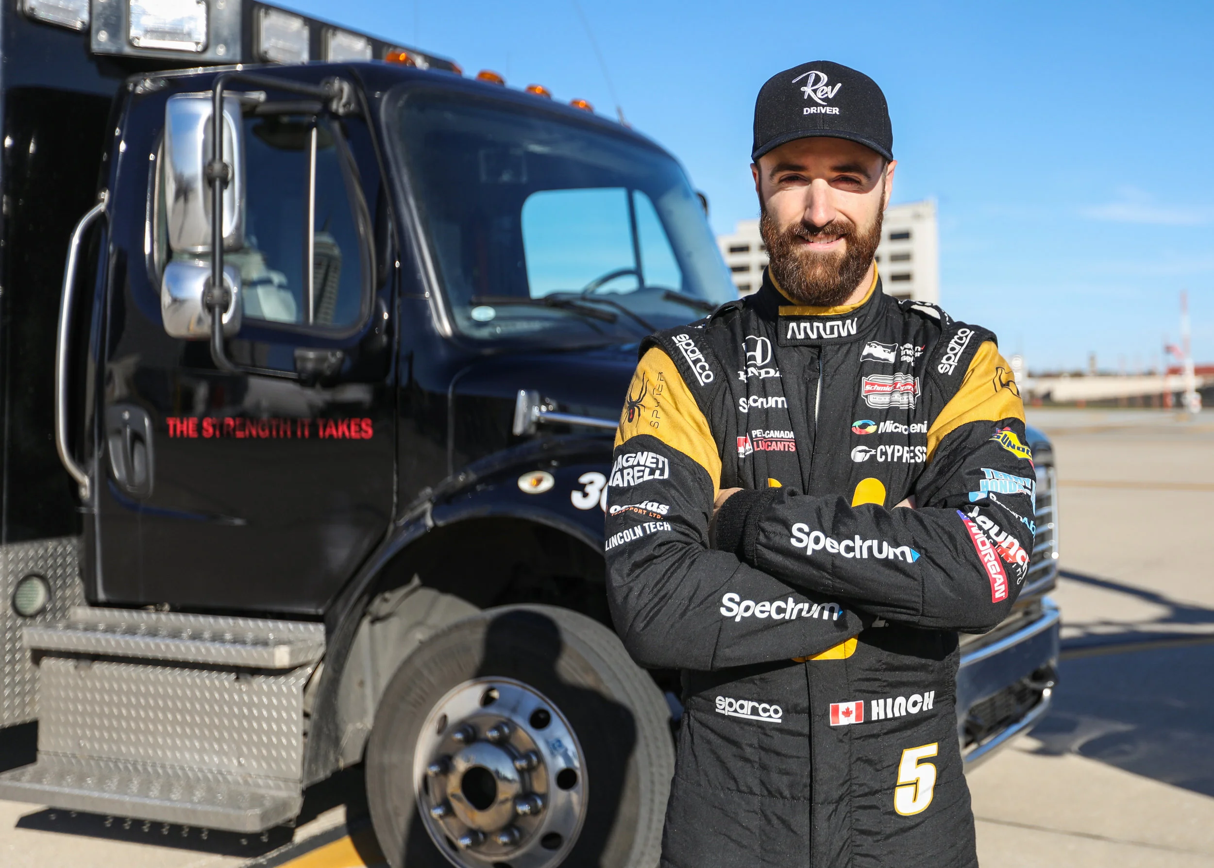 Indycar driver James Hinchcliffe poses for a portrait on the roof of the downtown IU Hospital.
