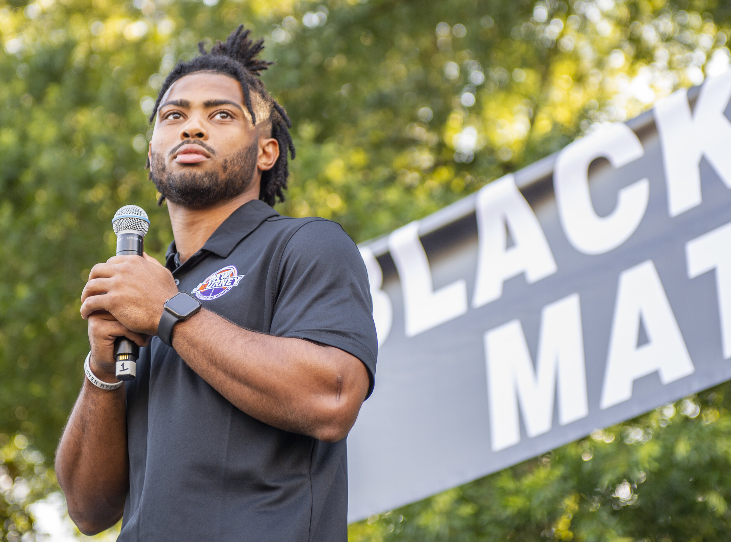 Clemson running back Darien Rencher speaks at the Clemson Community Peaceful Protest at Bowman Field.