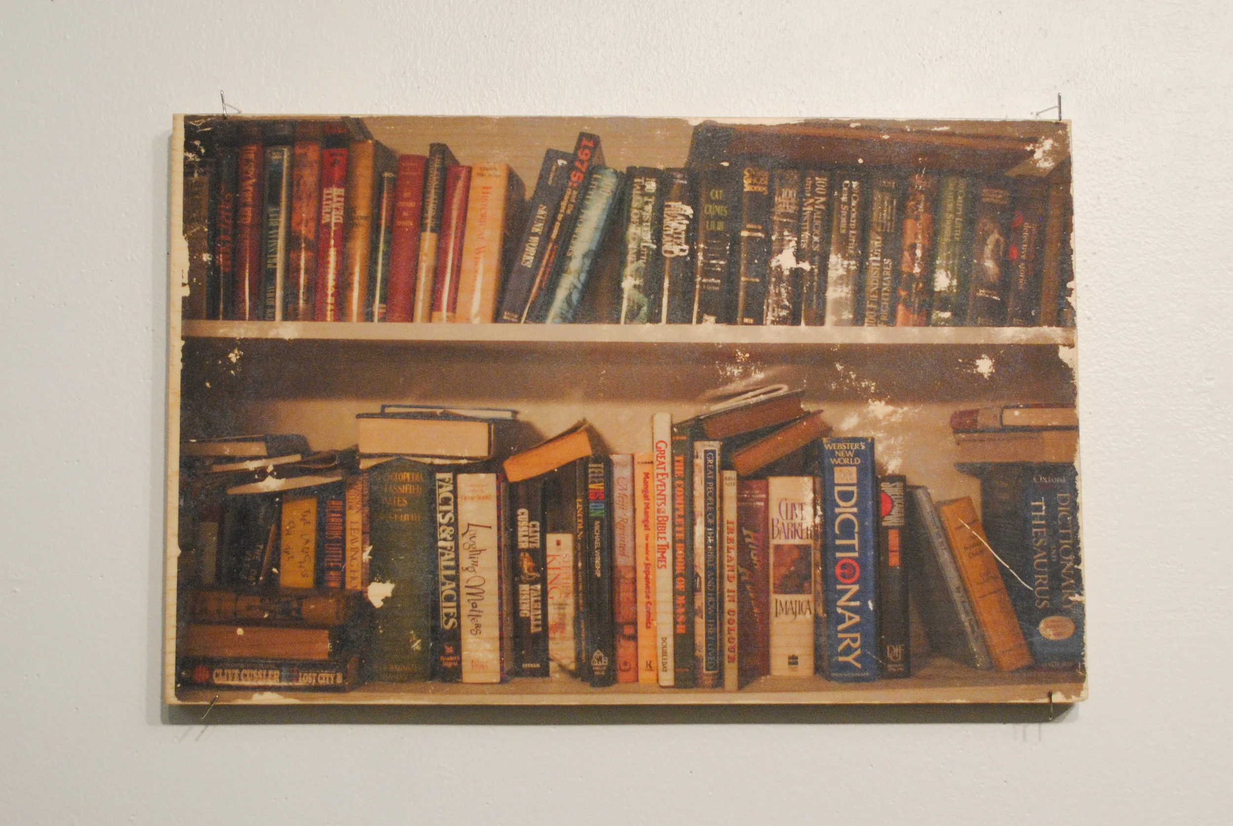 "Books on Shelves" 11x17, Ink Transfer to Wood, 2015