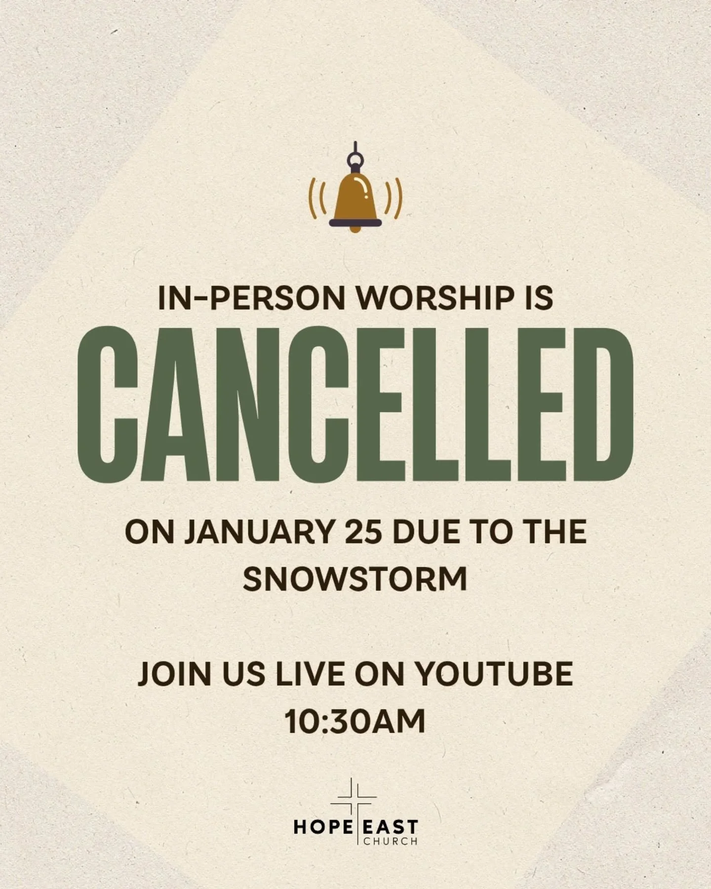 Due to the impending snowstorm, in-person worship will be cancelled on January 25.

However, we will be live streaming a sermon message at 10:30AM on YouTube (search "Hope East Church"). 

Stay safe, and see you next Sunday!
