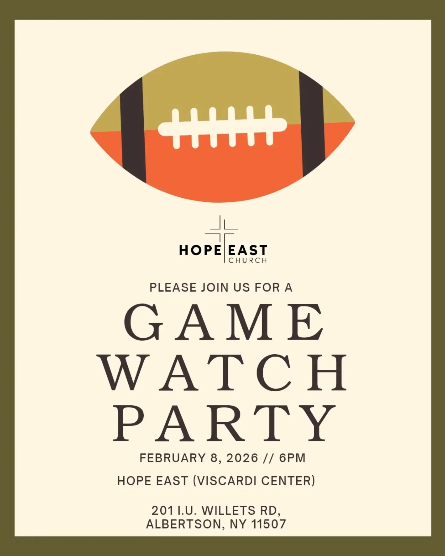 Who's ready for the big game?!? 🏈 🔥

We're hosting a last-minute watch party and we'd love for you to join us!

Come hang out with our Hope East family, cheer on your team, and have a blast.

Meet us in the chapel at 6:00pm for a 6:30 kickoff. We'v