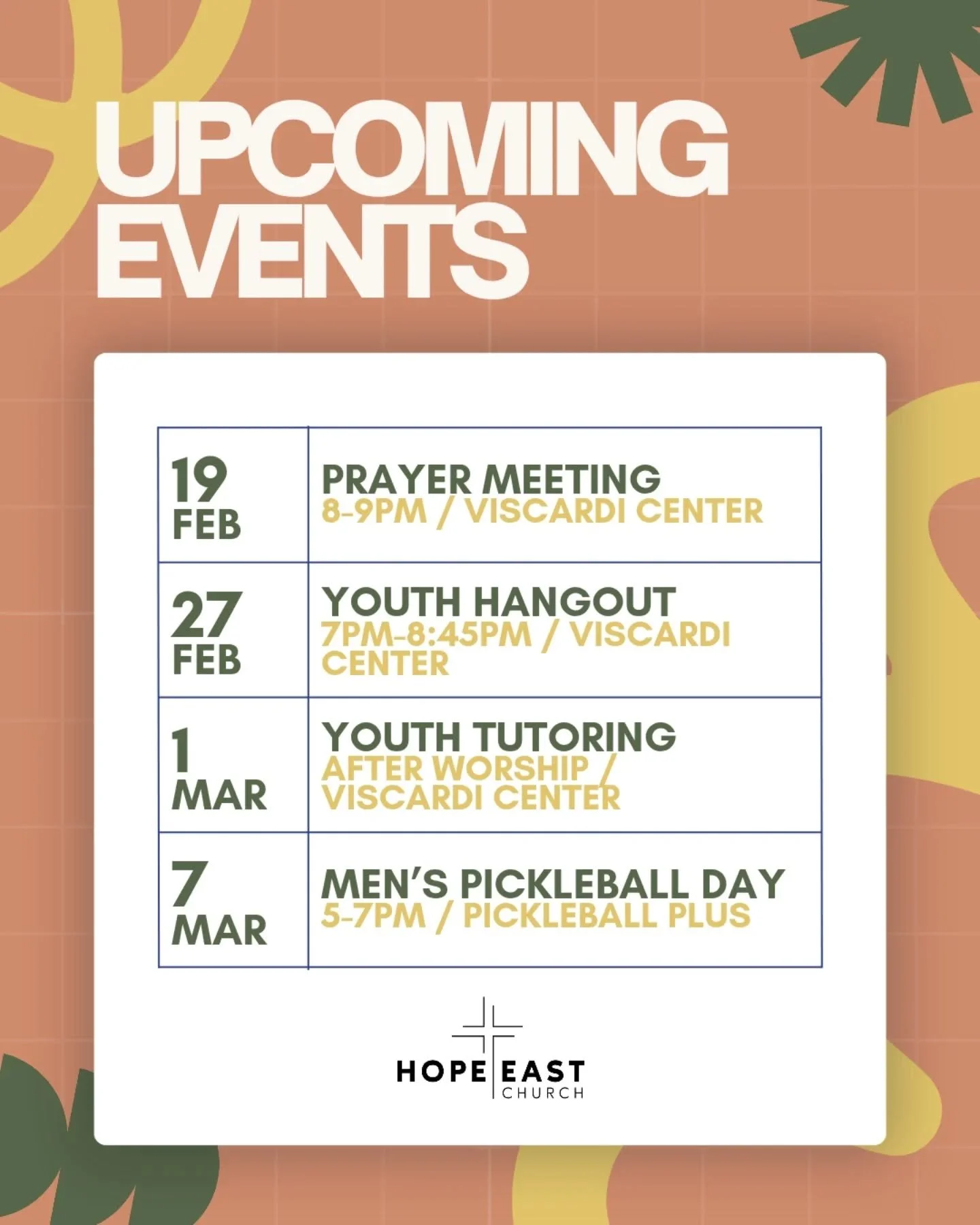 Get ready for an exciting lineup of events at Hope East!

Stay updated by signing up for our church newsletter and syncing our Google Calendar.

For more details on any upcoming event, feel free to DM us or comment below. 👇