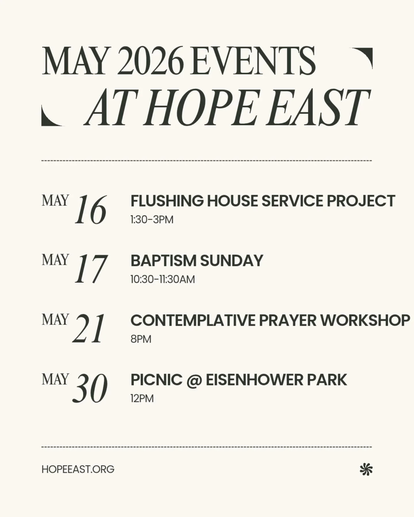 Mark your calendars for this spring's roundup of events at Hope East! 

Download the Church Center app to stay up-to-date on all upcoming events, serving opportunities, set up your giving, and more.

UPCOMING KEY EVENTS: 

🙏 5/21 - Contemplative Pra