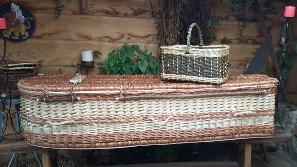 Buff and White Willow Coffin with sisal rope handles and hazel wood fittings