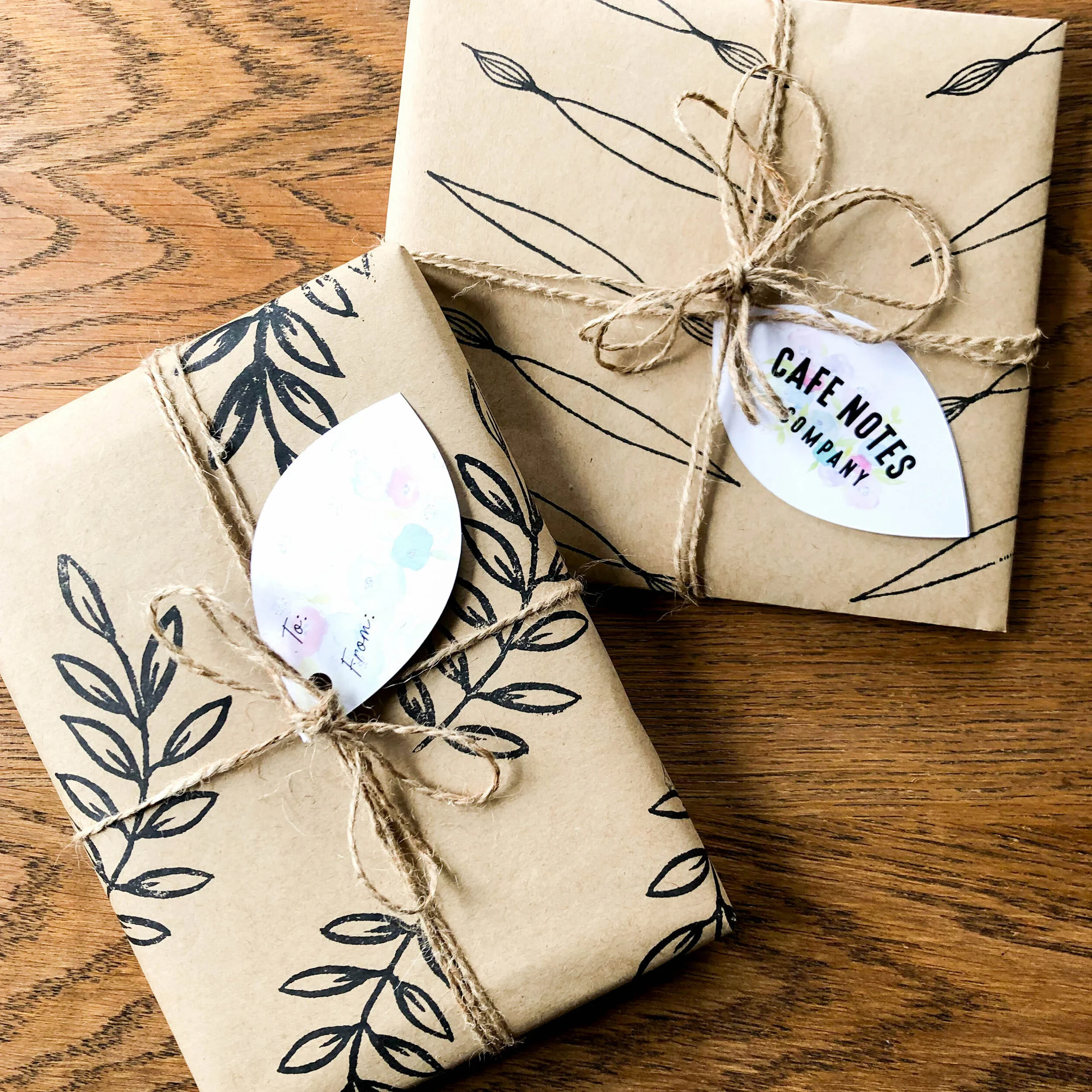 Hand stamped kraft paper gift wrap featuring hand drawn leaf