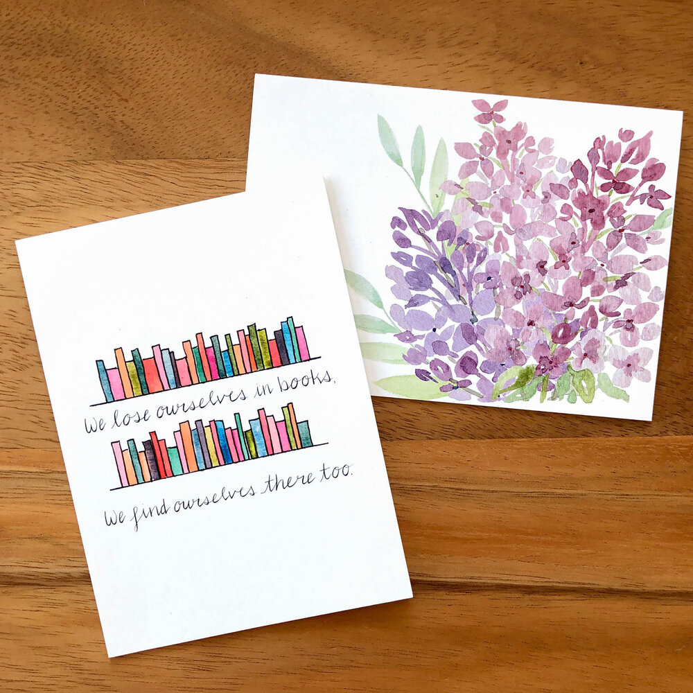 Book Lovers Reading Blank Greeting Card: hand painted watercolor bookshelf  and lit quote card — Cafe Notes + Company