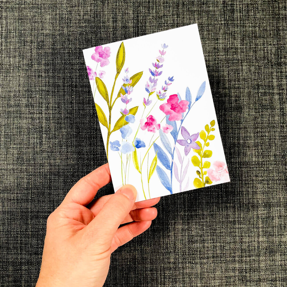 Sweeping Wildflowers Notecard Pack of 4: hand painted watercolor