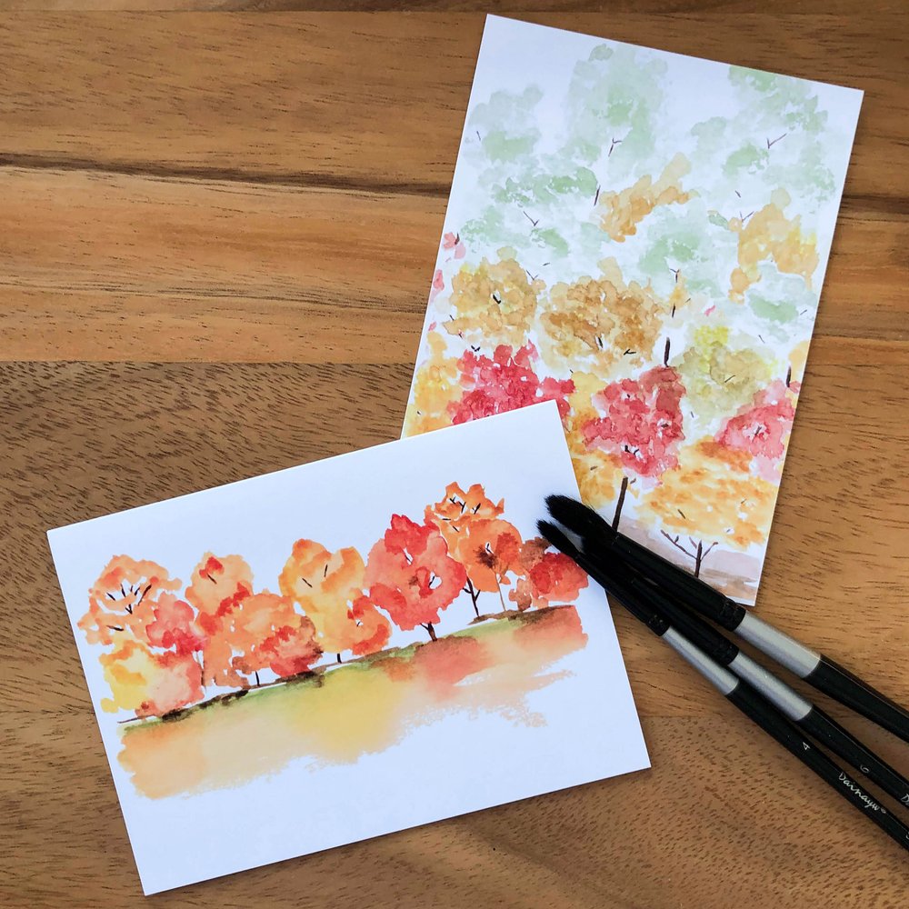 Fall Watercolor Tree Landscape Blank Greeting Card: hand painted watercolor  fall themed blank card — Cafe Notes + Company