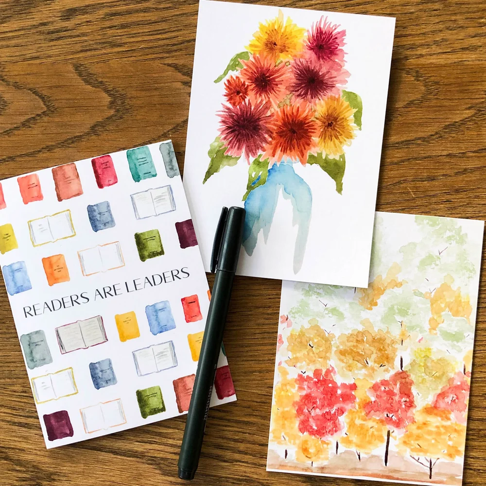 Readers Are Leaders Blank Greeting Card: hand painted watercolor books and  book lover card — Cafe Notes + Company