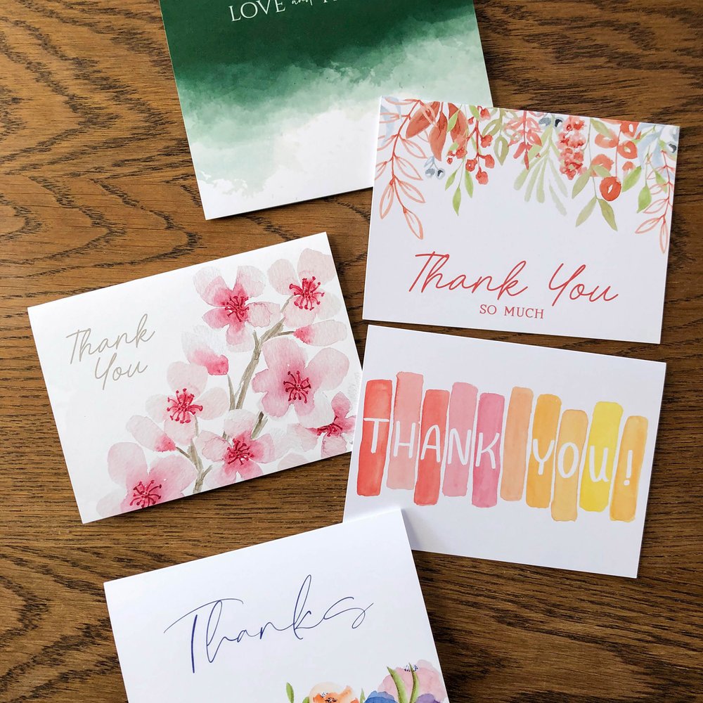 5 pack of Thank You Greeting Cards: hand painted watercolor thank