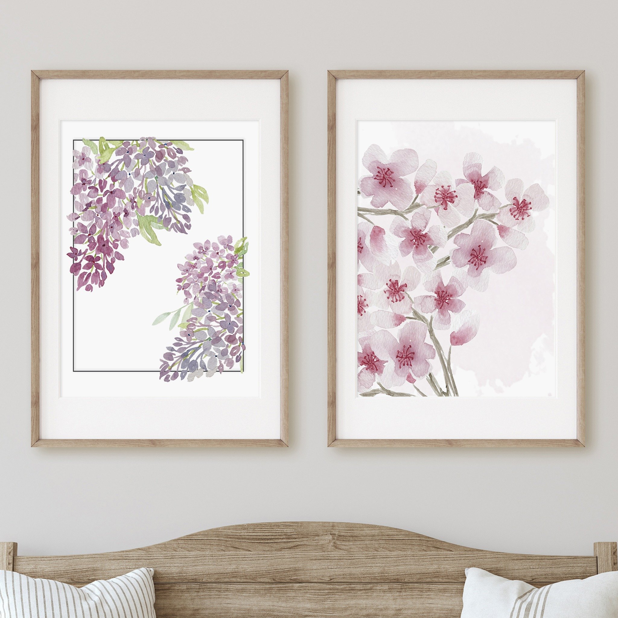 Flowers don't just have to bloom outside! Bring spring indoors with this set of hand painted watercolor Cherry Blossoms and Lilacs, perfect for a gentle touch of color and spring in your home 🌸

#fineartprints #watercolorprints #watercolorflowers #w
