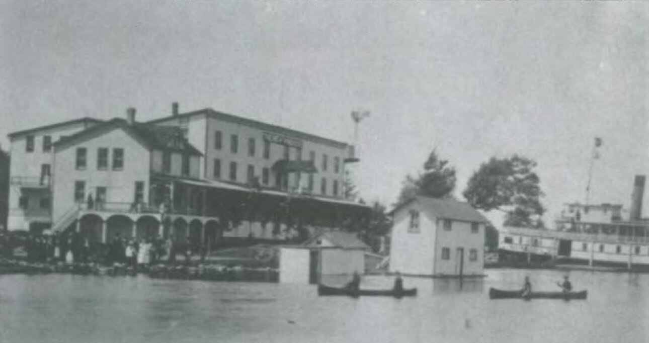  Views of the New Windsor Hotel after considerable modifications and the addition of a boat house and bath house. The Medora steamship is pictured at its stop in front of the hotel. 