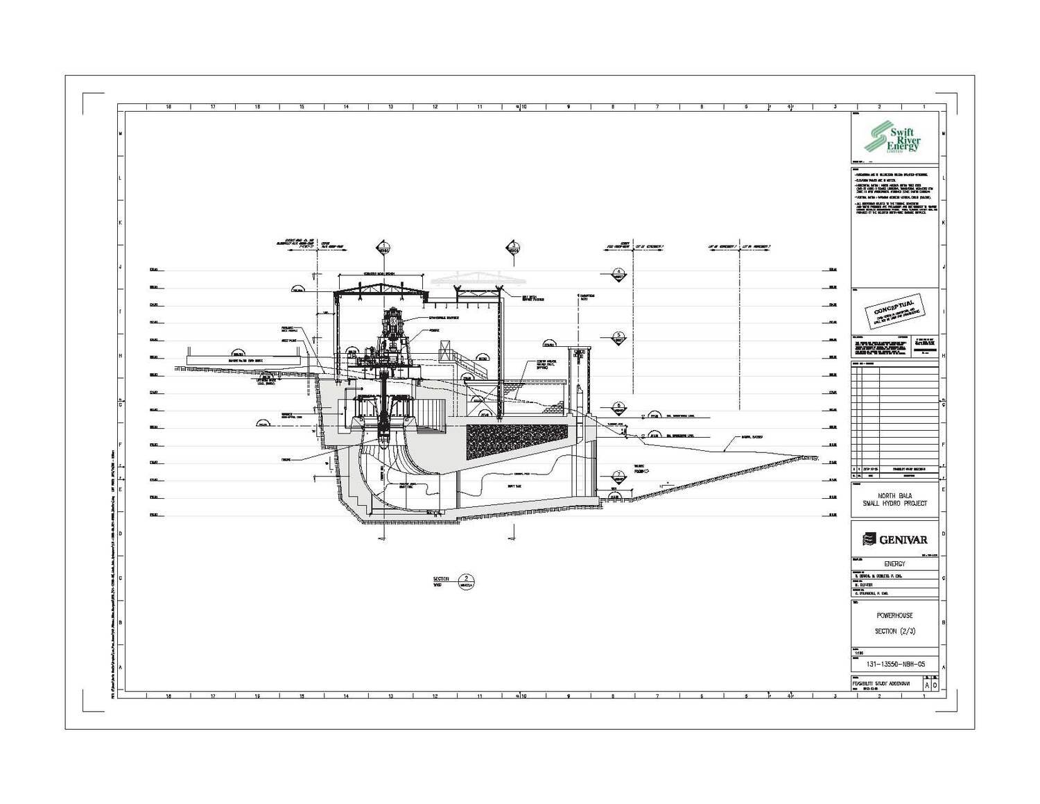 Side view of power plant with turbine water passage