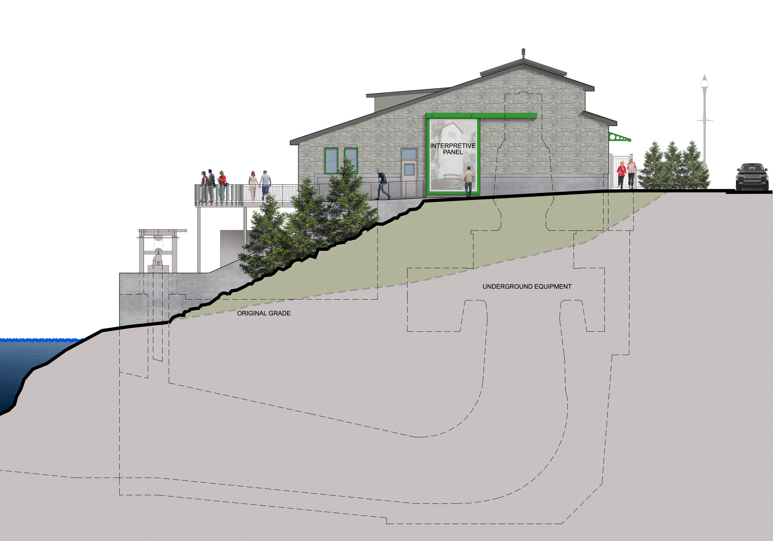 Side of power house showing underground foundations and water passage (artistic rendering) 