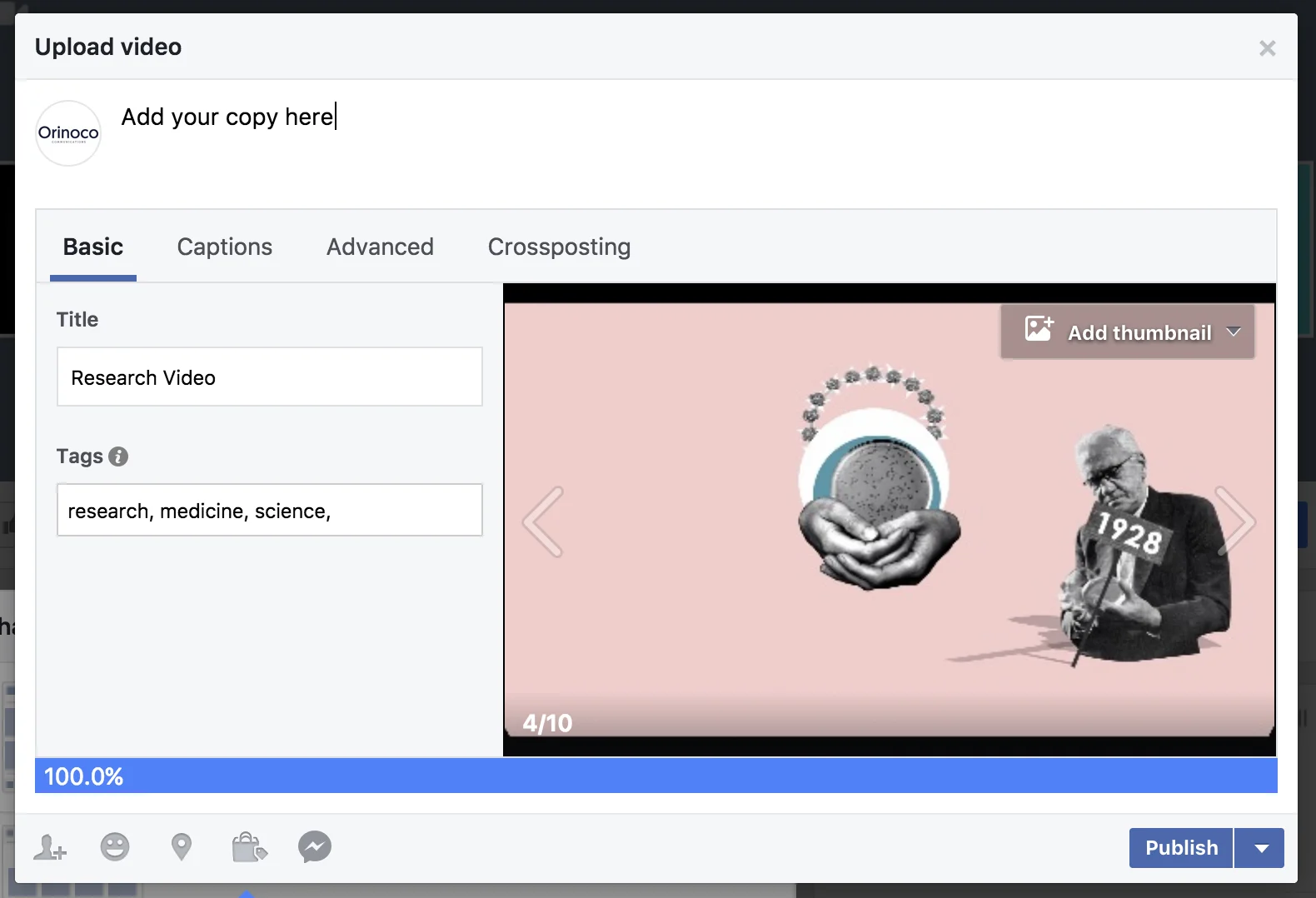 This is your chance to give your video a title, add some enticing copy, give it some tags to help searchability and choose a thumbnail image. 