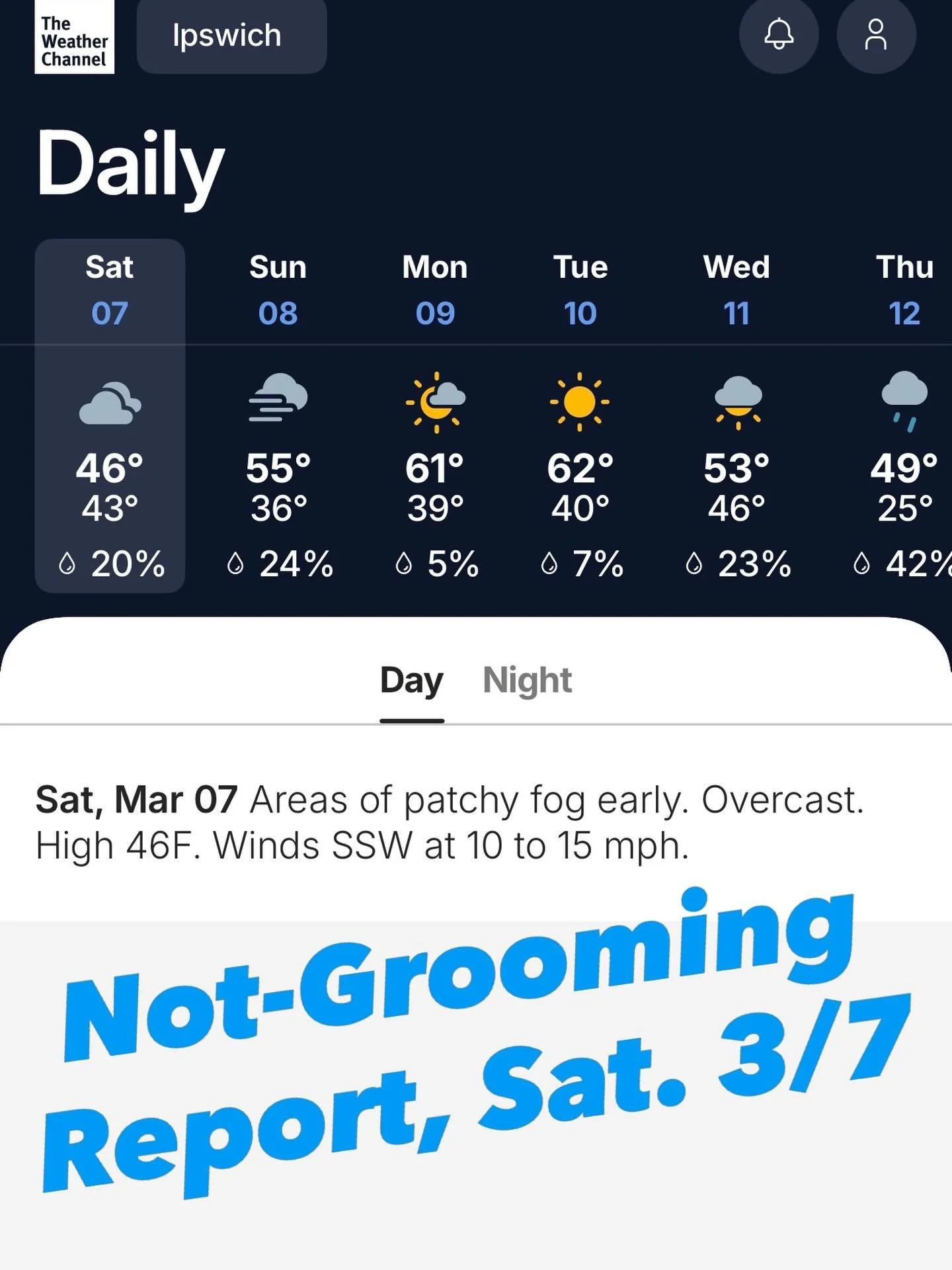 Not-Grooming Report
Saturday, 3/7/26

Unfortunately - and who likes to start any sentence with &ldquo;unfortunately&rdquo; - because of yesterday&rsquo;s rain and last night&rsquo;s above-freezing temperatures, we weren&rsquo;t able to groom the trai