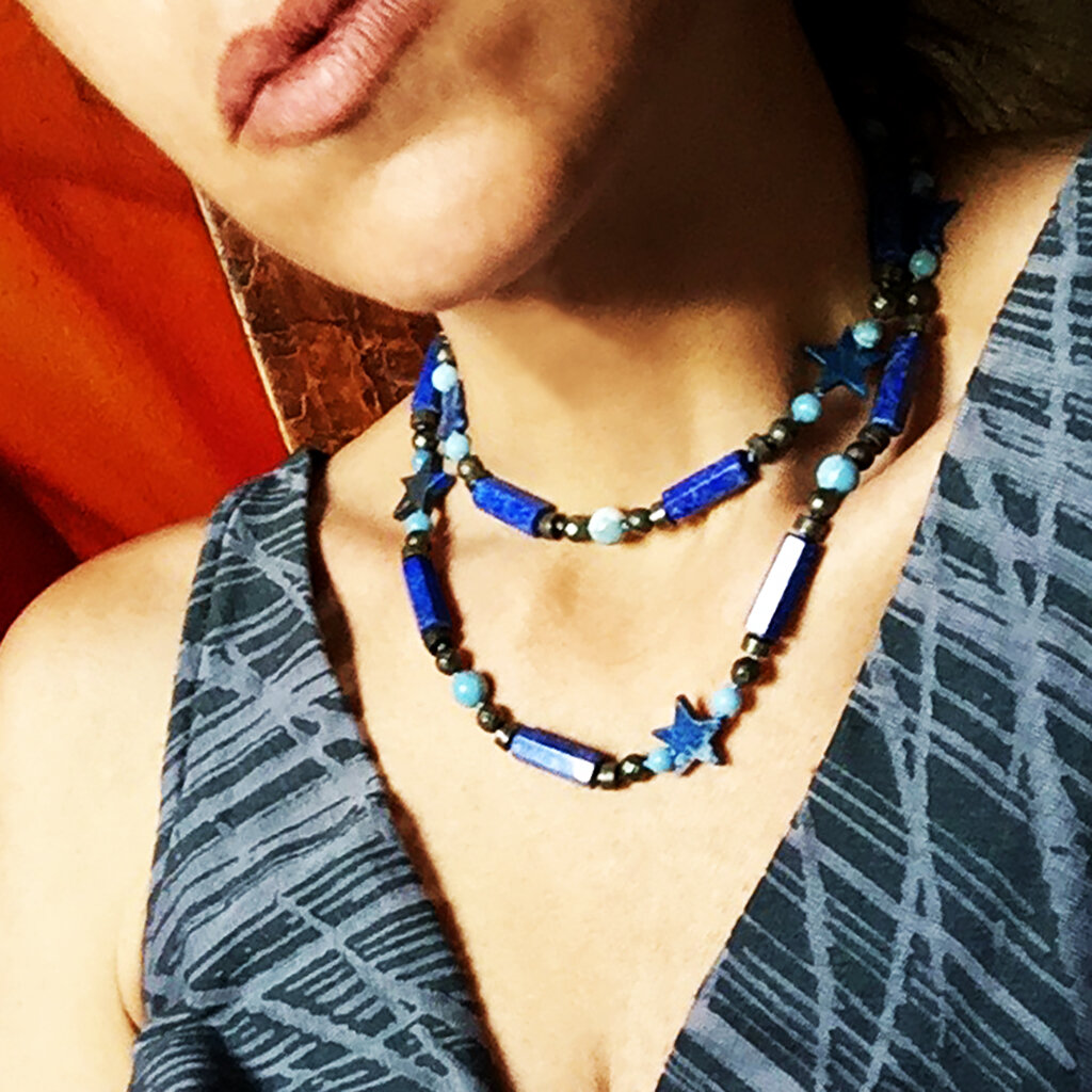 Venus Vitae Infinity Necklace . Lapis Lazuli + Pyrite + Larimar