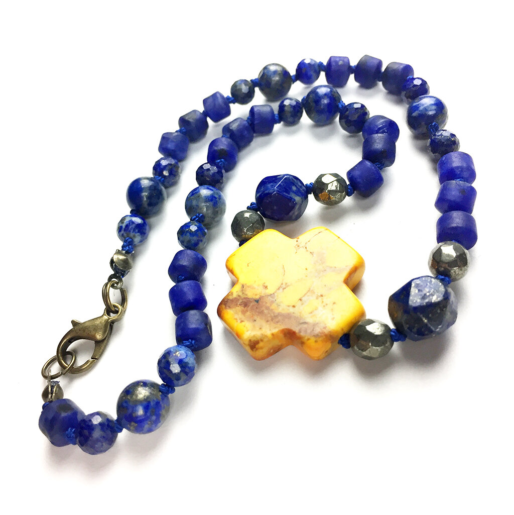 Elemental Collar . Lapis Lazuli + Pyrite + Yellow Turquoise
